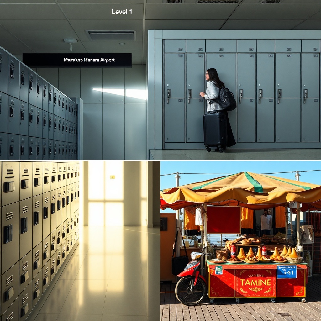 6 hour layover Marrakesh airport luggage storage and quick street food tagine, vibrant colors and bright lighting