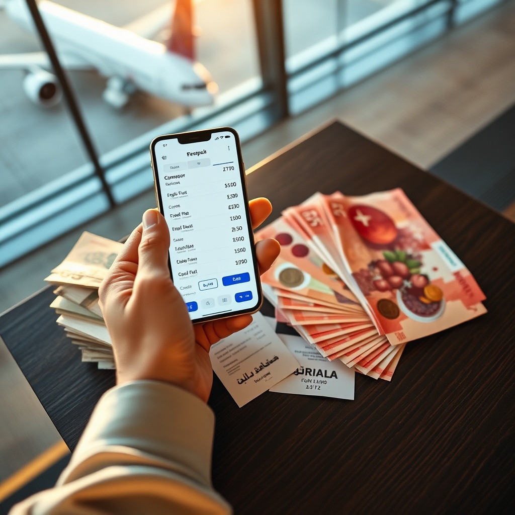 Comparison of euro and Moroccan dirham banknotes with a currency converter app on a smartphone, illustrating how to get the best exchange rate at Marrakesh Airport currency exchange services.