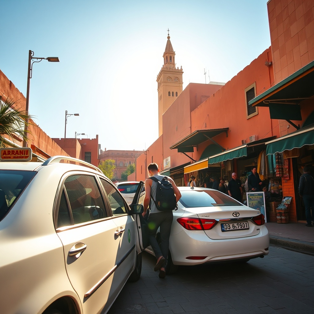 6 hour layover Marrakesh taxi dropping a traveler at Jemaa el-Fna market, vibrant colors and golden hour lighting