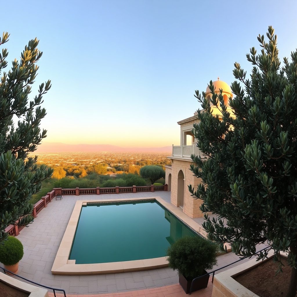 A serene sunrise scene of Menara Gardens with its pavilion, reflecting pool and Atlas Mountains, illustrating a must-visit attraction near Marrakesh Airport