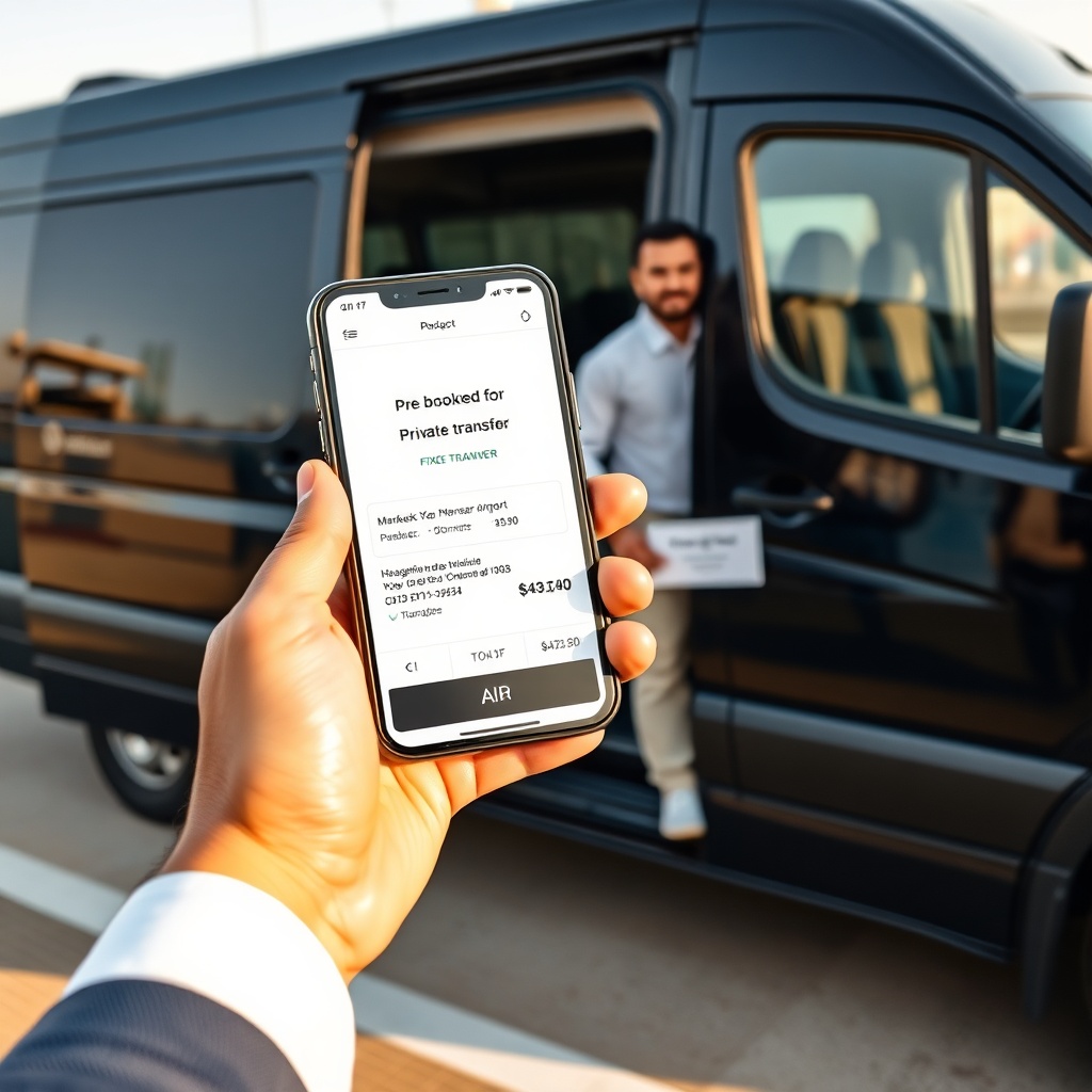 Pre-booked private transfer at Marrakesh airport with fixed price confirmation on smartphone, showing an alternative to standard taxi fares