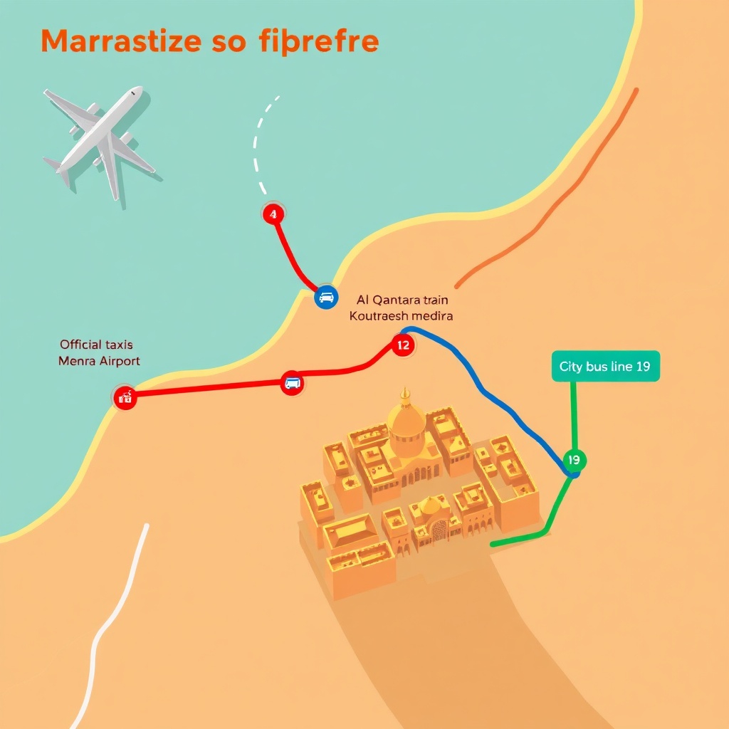 Route map showing RAK Airport to Marrakesh Medina guide with taxi, train, and bus options