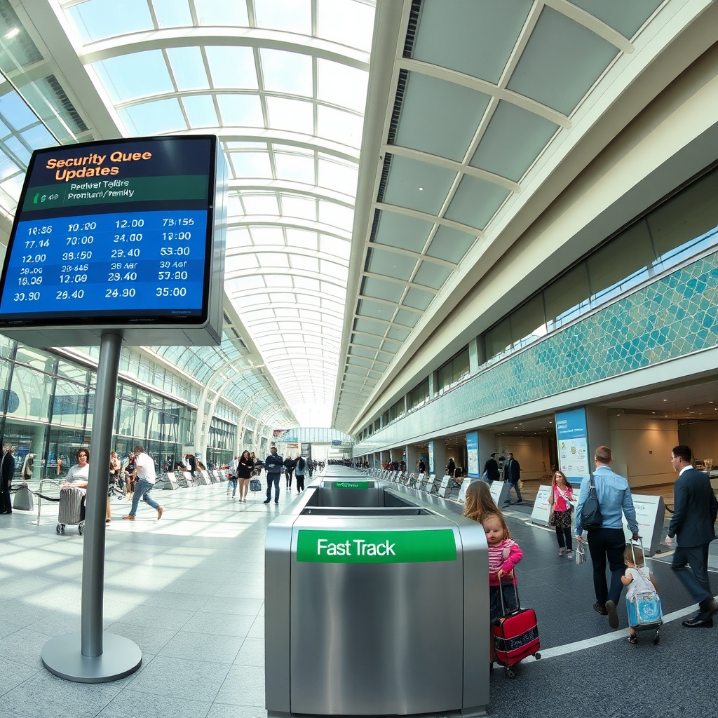 Overview of Marrakesh airport security tips featuring a Fast‑Track lane and live queue board in the terminal