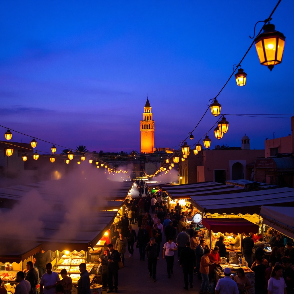 Jemaa el-Fnaa square at dusk, the final destination for travelers from Marrakesh Menara Airport, with food stalls and Koutoubia Mosque