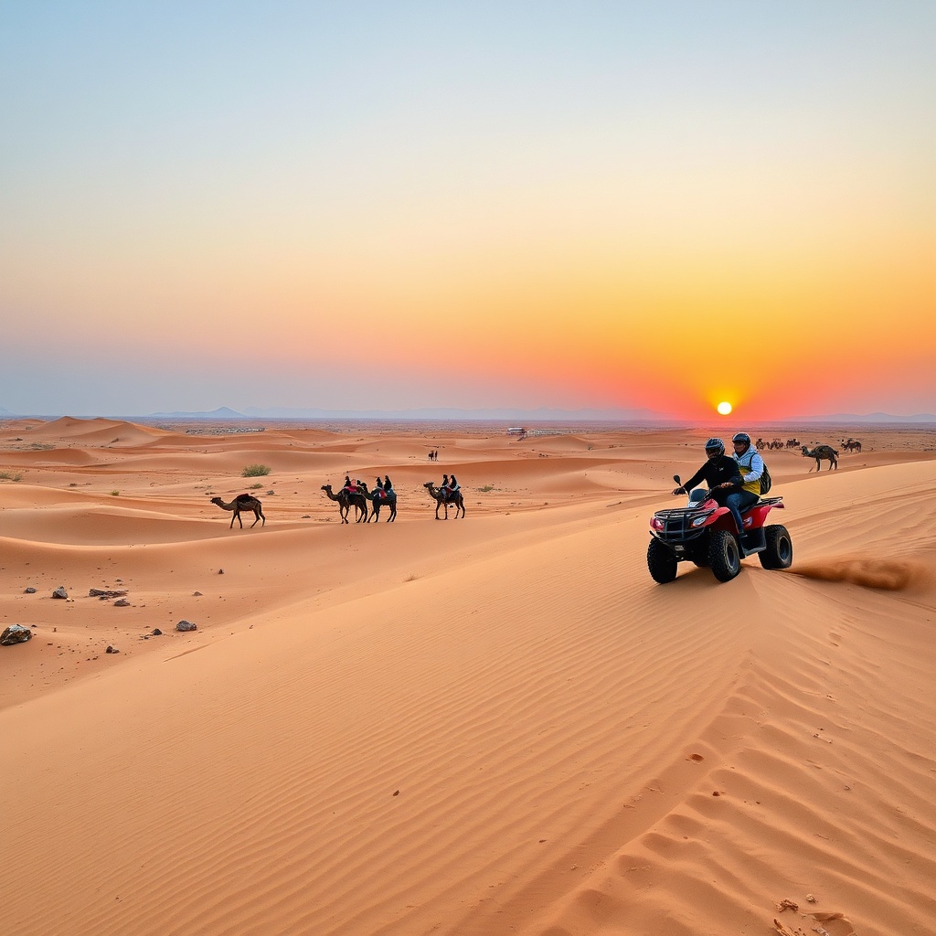 Tourists enjoying a quad bike ride and camel caravan in the Agafay Desert, a must‑visit attraction near Marrakesh Airport