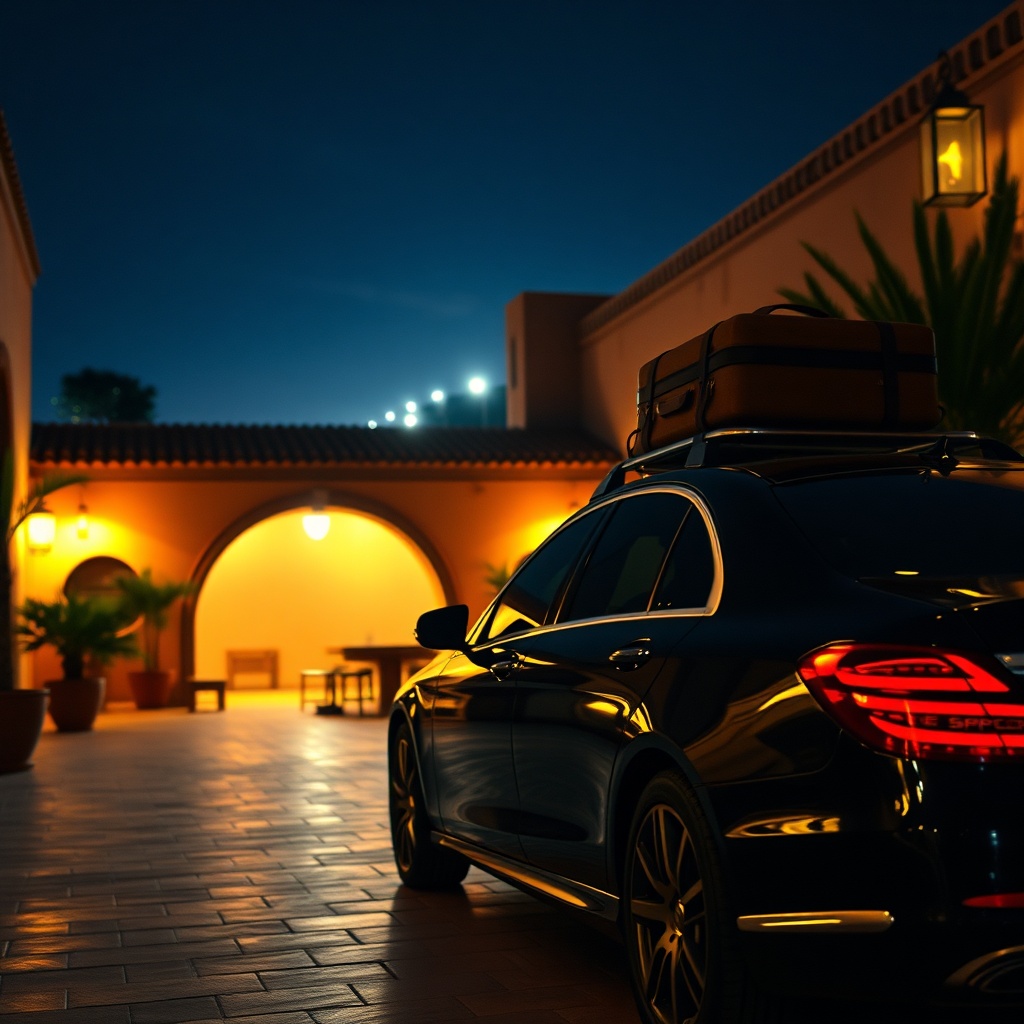 Luxury private car ready for Marrakesh to RAK Airport transport, parked at a riad with luggage, highlighting door-to-door service and elegant travel experience