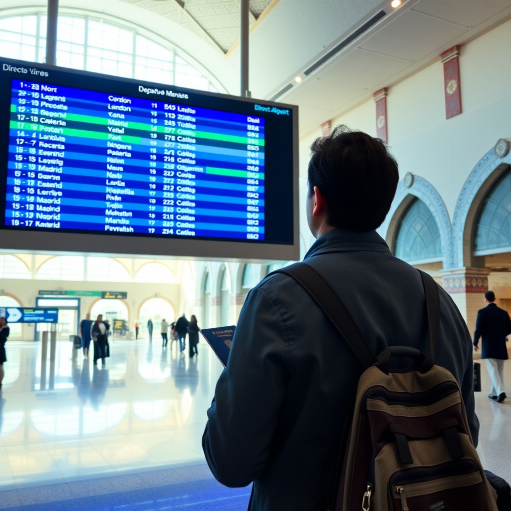 Traveler viewing flight board with nonstop flights to Marrakesh at Menara Airport terminal