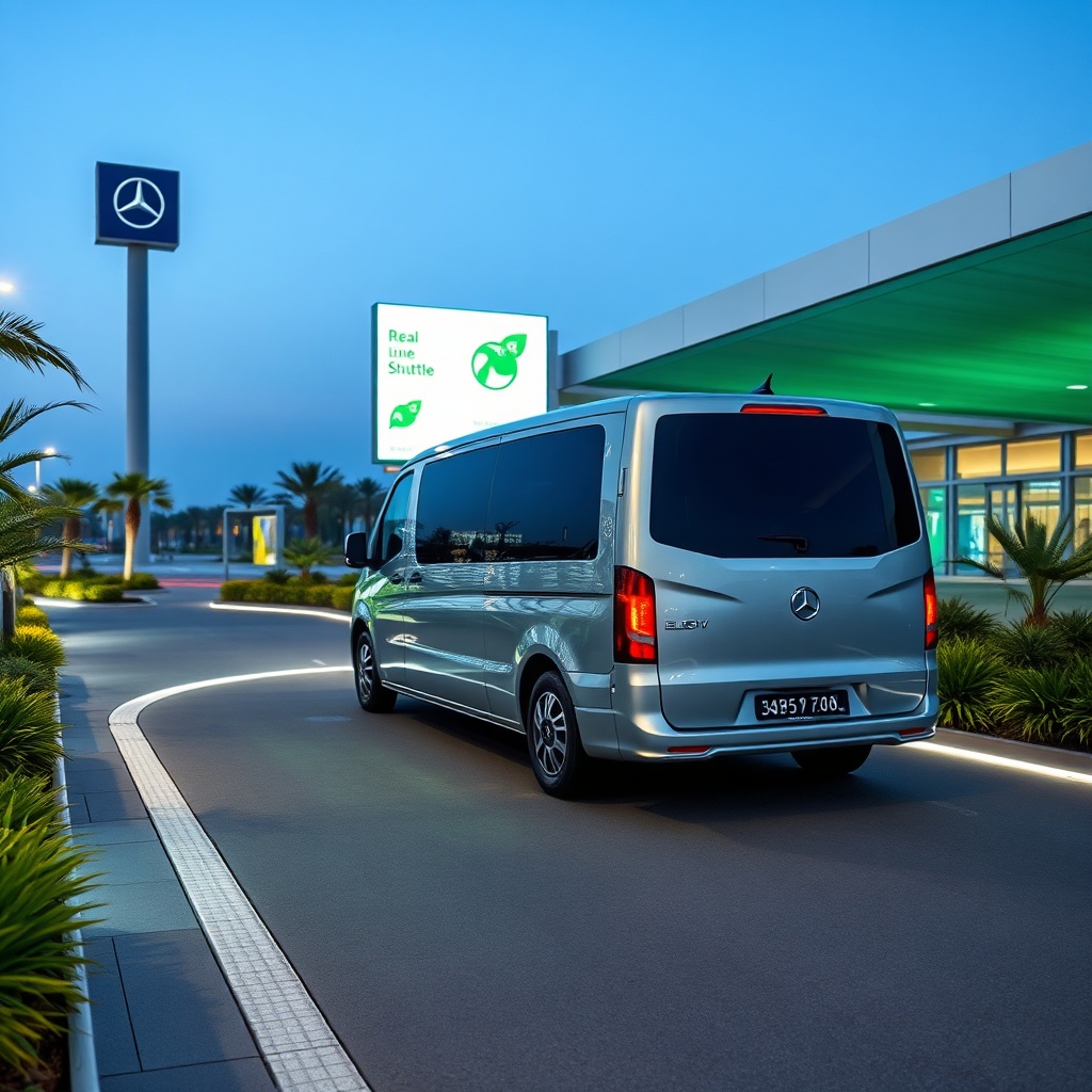 Electric luxury van parked at RAK airport, showcasing sustainable high‑end transport options