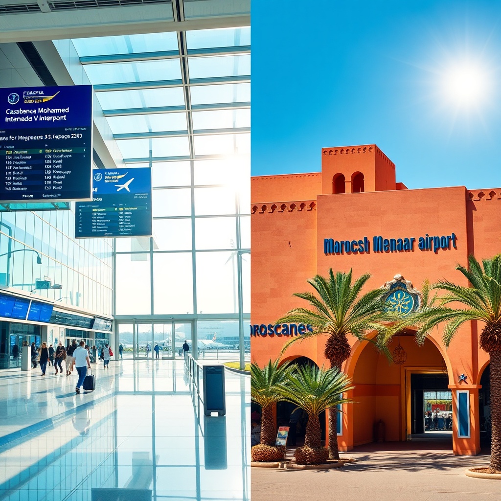 A visual comparison of Marrakesh Airport vs Casablanca Airport showing the modern international terminal of CMN and the warm, Moroccan-style architecture of RAK.