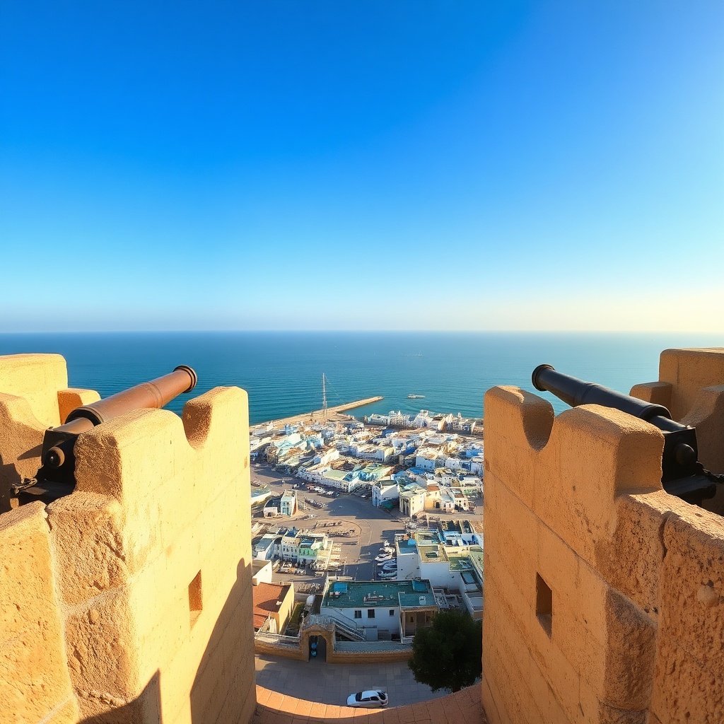 Panoramic view of the Skala ramparts during a RAK to Essaouira day trip, showcasing the historic fortifications and blue coastal architecture along Morocco’s Atlantic shoreline.