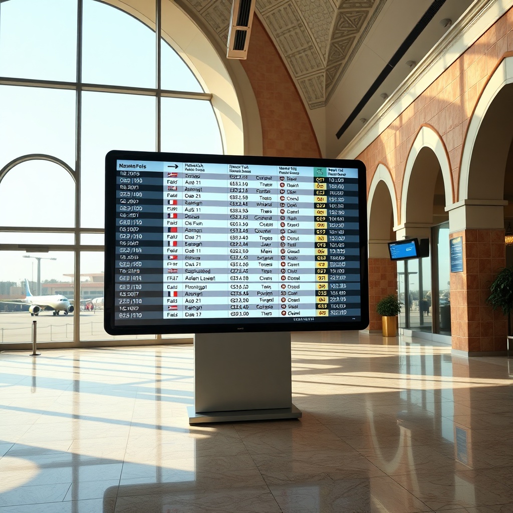 Digital departure board at Marrakesh Menara Airport displaying comprehensive flight schedule information with destination cities and departure times against a backdrop of traditional Moroccan architectural details