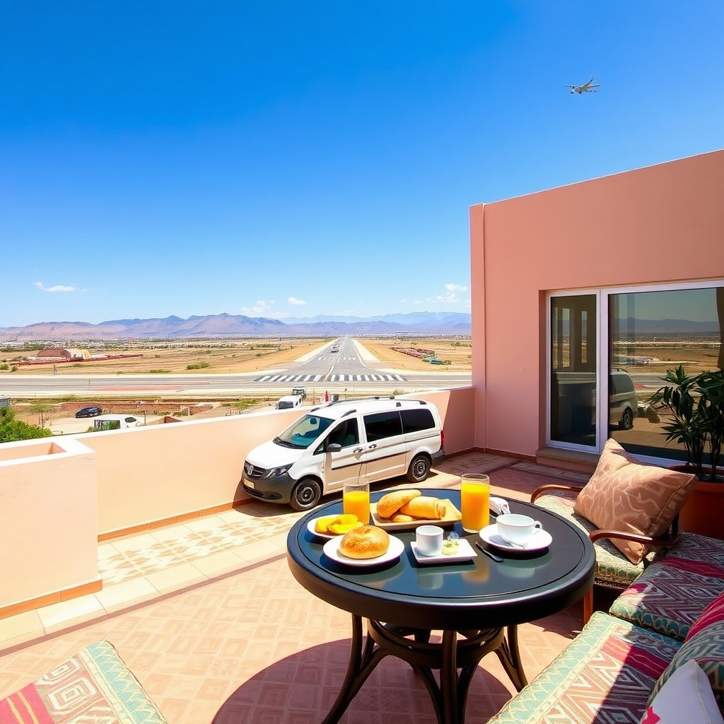 Riad rooftop terrace with view of Marrakesh airport runway and shuttle service, representing the best riad near Marrakesh airport for quick transfers and scenic breakfasts