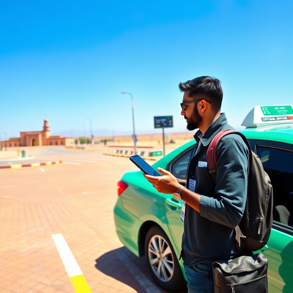 Traveler cross-referencing booking details with an official taxi permit, highlighting essential steps for a marrakesh airport transfer safe and transparent ride.