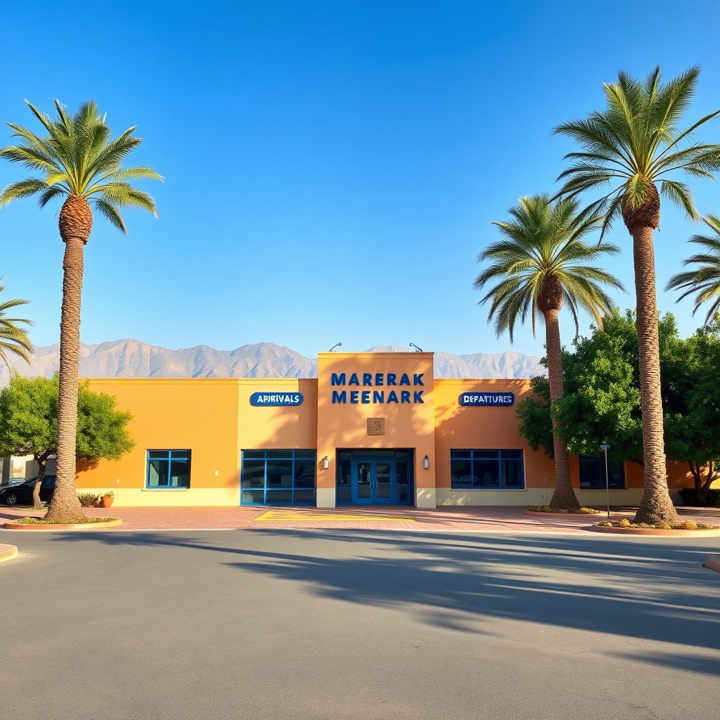 Sunlit exterior of Marrakesh Menara Airport showing distinct arrivals and departures entrances, essential navigation details highlighted in this Marrakesh airport guide.