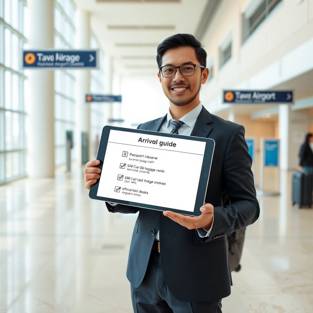 Traveler reviewing a menara airport arrival checklist on a tablet in the arrivals hall, with clear signage for currency exchange and official taxis in the background