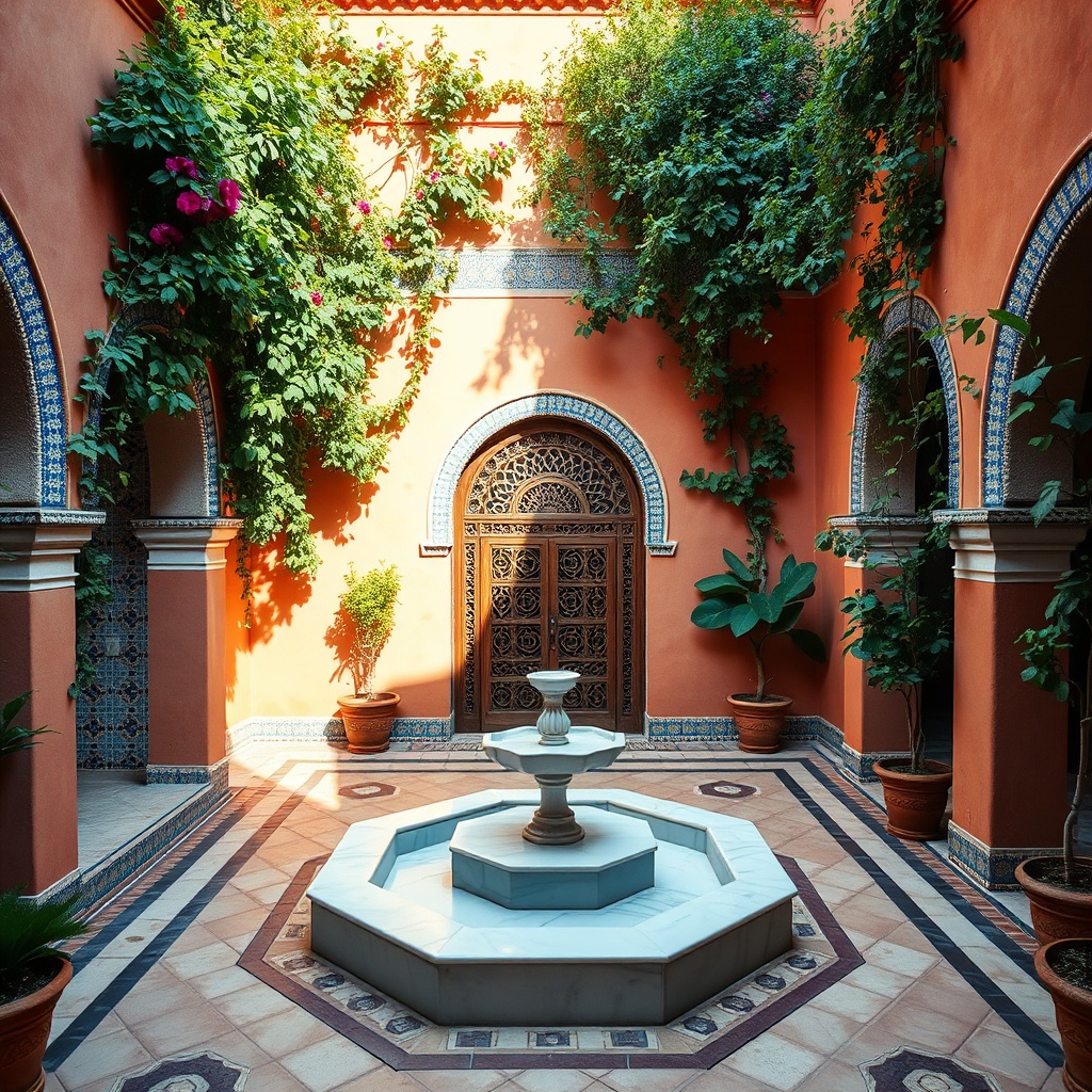 sunlit traditional medina riad courtyard with vibrant zellige tiles and a central fountain, illustrating the authentic historic atmosphere travelers prioritize when choosing the best riads near marrakech airport