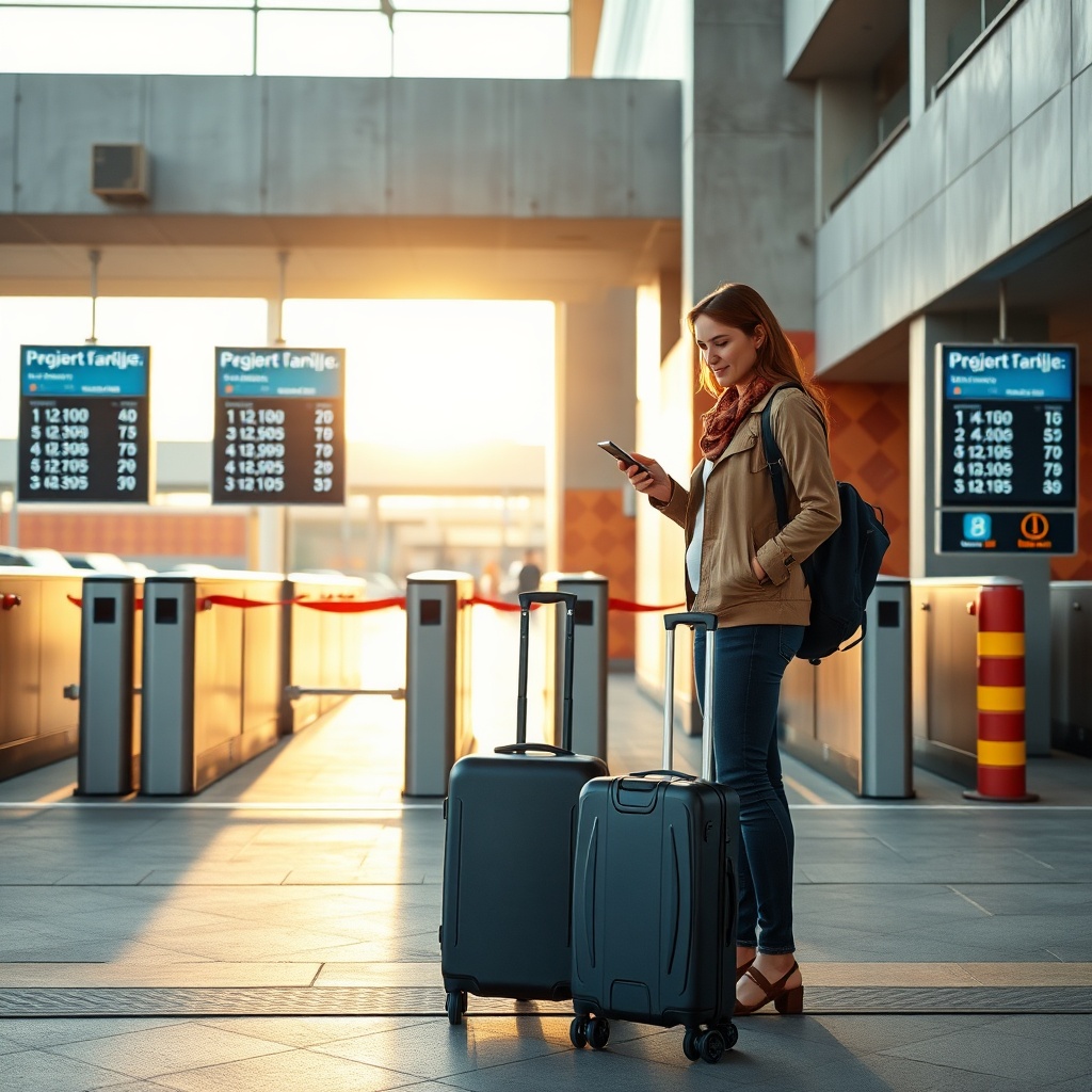 Traveler confirming pre-booked marrakesh airport parking rates on a mobile app near the secure vehicle entry gate.