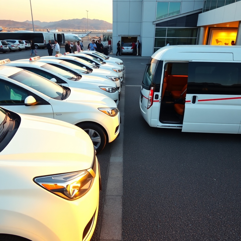 Official taxis and private transfer vehicles waiting at the arrivals curb, presenting key transport choices from this Marrakesh airport guide for seamless city access.