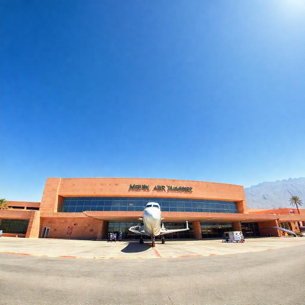 Menara Airport guide: Exterior view of the RAK terminal near Marrakech medina, featuring a Royal Air Maroc aircraft and distant Atlas Mountains, illustrating the airport's role as the primary gateway to Morocco.