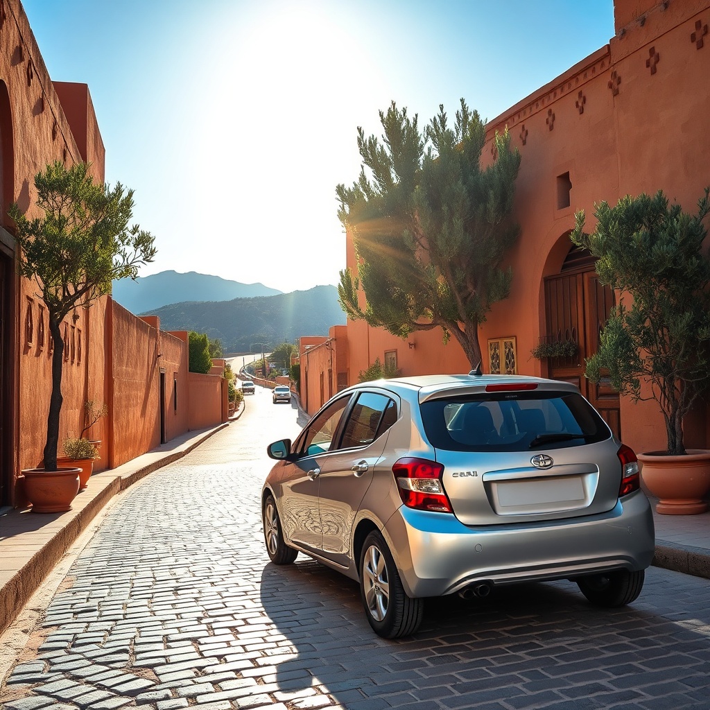 Traveler preparing for the best car hire deals Marrakesh offers, featuring an affordable rental vehicle ready for scenic drives through the medina and Atlas Mountains.