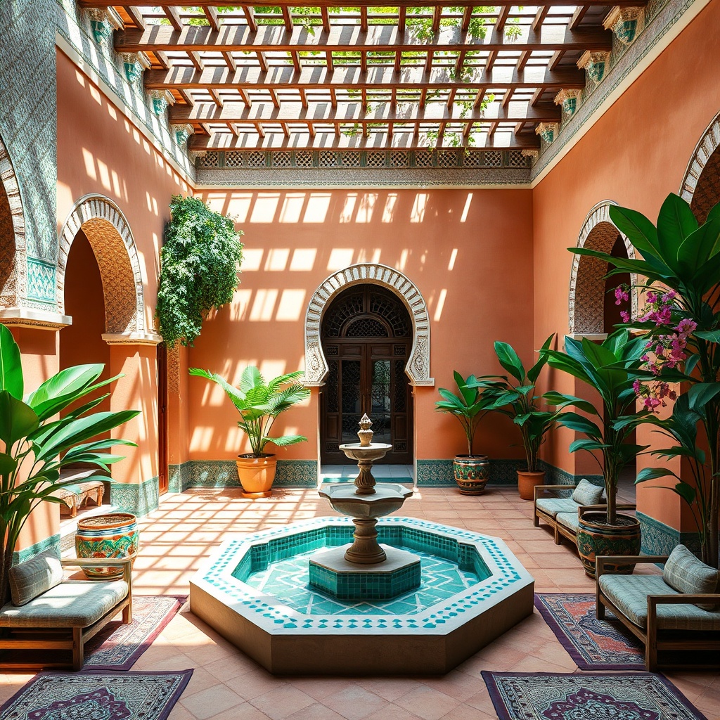 Serene courtyard of one of the best riads near Marrakesh airport, featuring authentic zellige tiles and a quiet central fountain designed to reduce street noise for a peaceful stay.