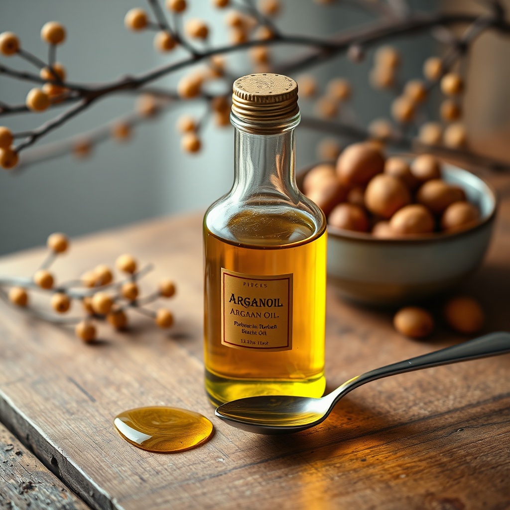 Premium Moroccan argan oil in a glass bottle with golden liquid and argan nuts on rustic table