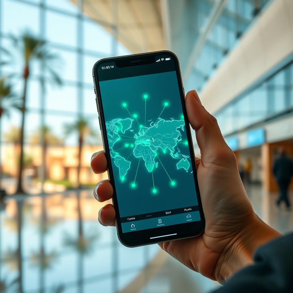 Traveler using a smartphone app to monitor emerging airline networks and upcoming flight schedules, demonstrating how to track new routes and service updates for Marrakesh Menara Airport efficiently.