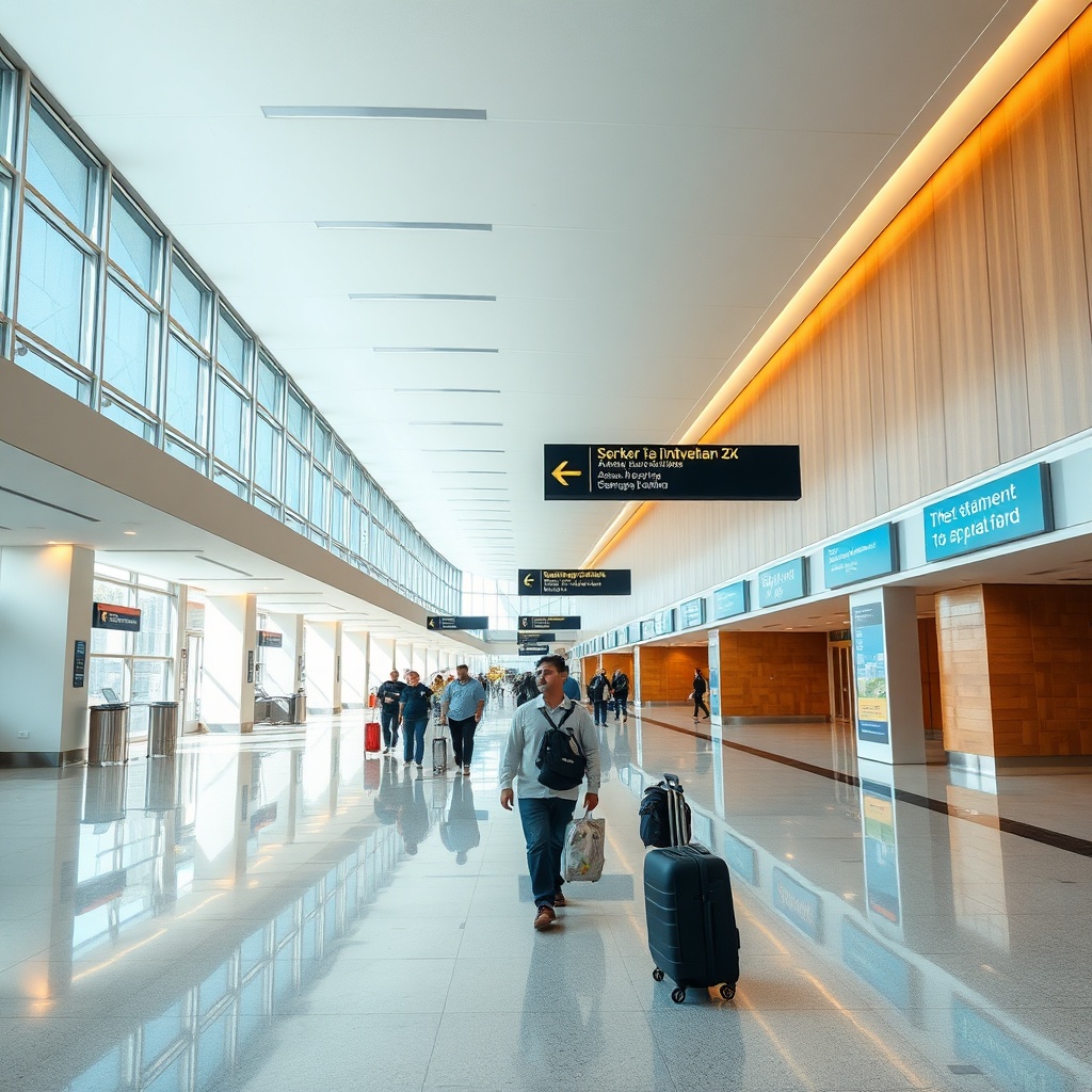 Menara Airport guide: Interior of the RAK terminal showcasing the straightforward single-level design, clear signage, and easy navigation for smooth arrivals and departures in Marrakech.