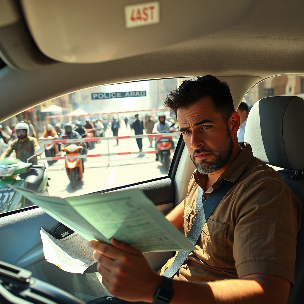 Comparing Marrakesh airport transfer vs car rental, this image shows a tourist struggling with a rental car in busy Marrakesh traffic, illustrating the driving challenges.