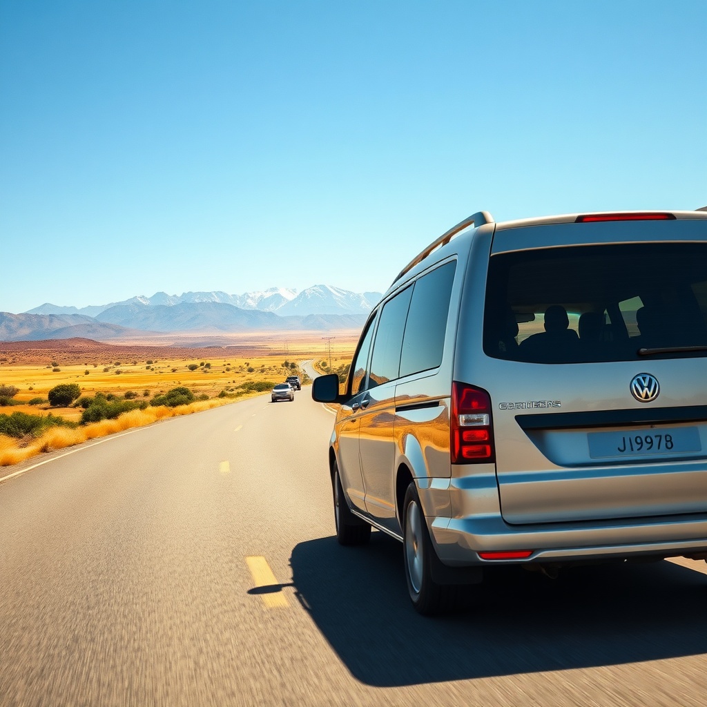 Comfortable private van traveling along the scenic route for a Marrakech airport to Essaouira transfer, set against golden fields and coastal skies.