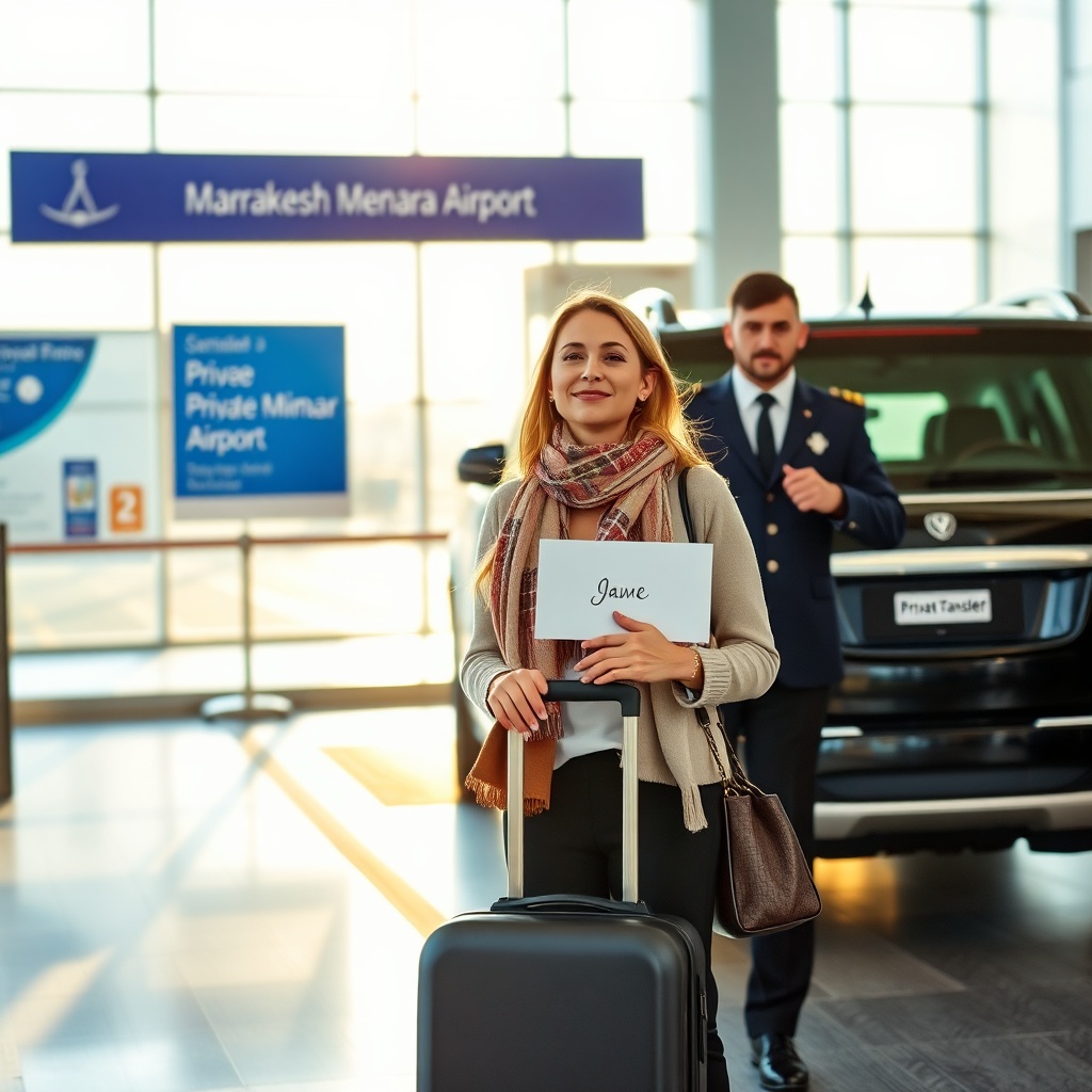 Marrakesh airport transfer vs car rental: a traveler is greeted by a private driver at Menara Airport, highlighting the convenience of a pre-booked transfer.