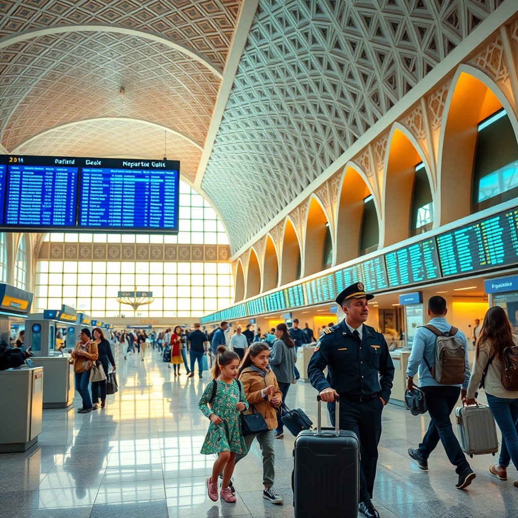 Travelers checking in for Marrakesh airport flights inside Menara Airport departure terminal