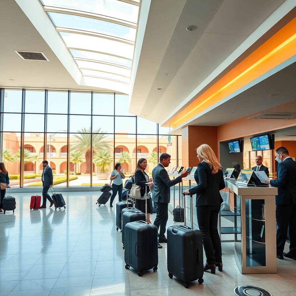 Happy travelers picking up their keys at a dedicated marrakesh airport car rental desk inside the bright arrivals hall of RAK