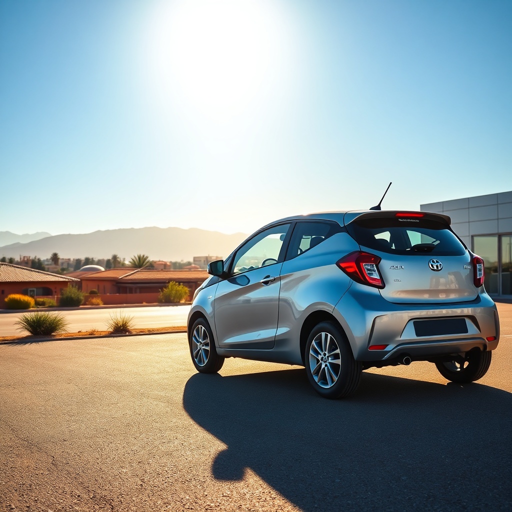 A compact rental car parked in the sunlit departure lot, perfect for a marrakesh airport car rental experience heading into Morocco