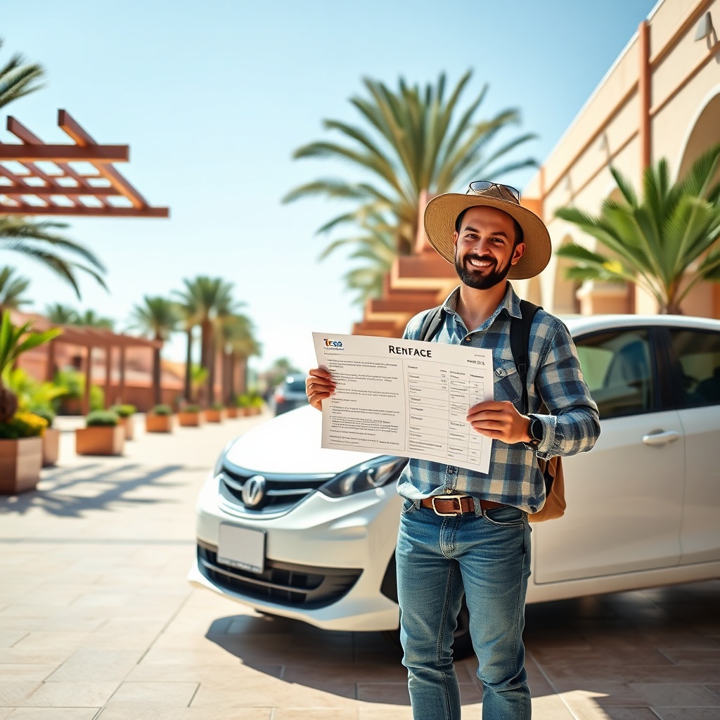 Informed traveler reviewing transparent rental terms at a city center office to find the best car hire deals Marrakesh, avoiding hidden fees and airport surcharges.