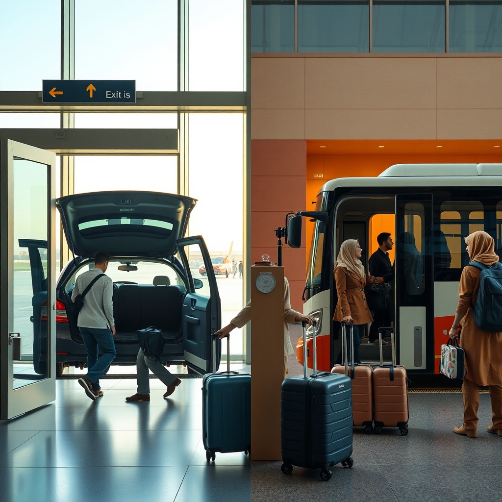 Side-by-side view of RAK Airport taxi versus shuttle options highlighting direct door-to-door pickup and scheduled resort transfers