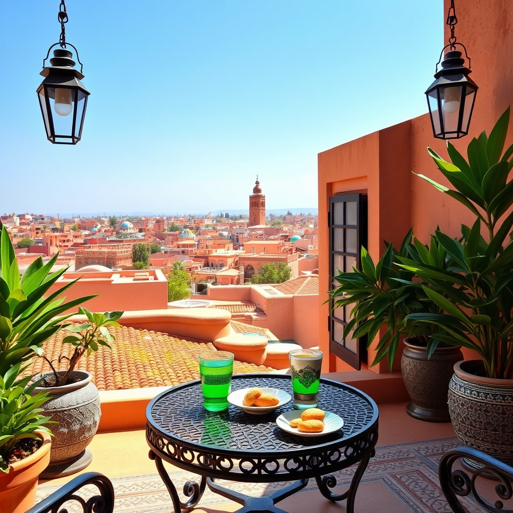 A relaxing rooftop riad terrace with mint tea and panoramic city views, showcasing the essential rest stops in a well-paced marrakesh in one day itinerary.