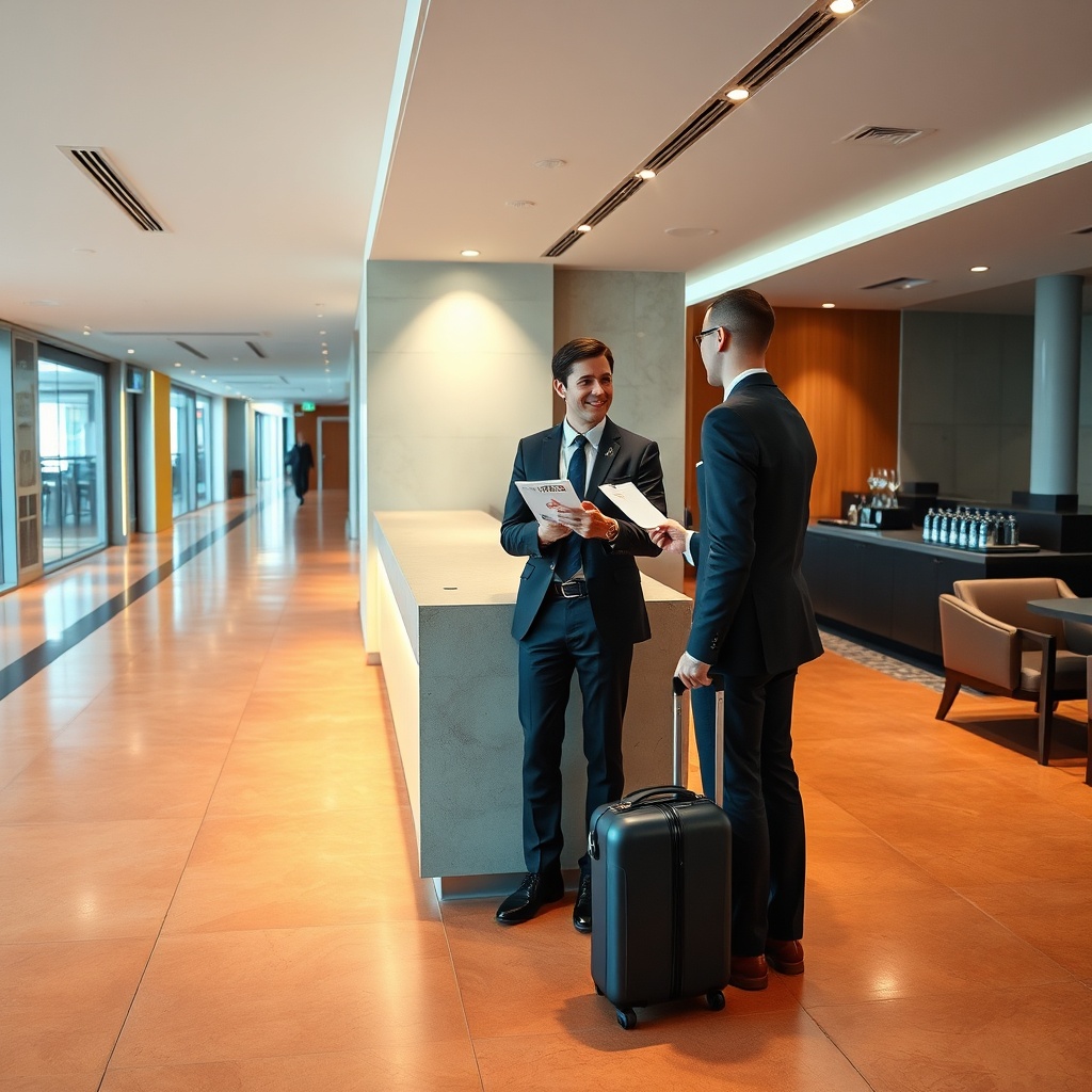 Passenger presenting a boarding pass and digital lounge membership at a modern reception desk, demonstrating practical Marrakesh airport lounge access methods like Priority Pass and paid day passes.