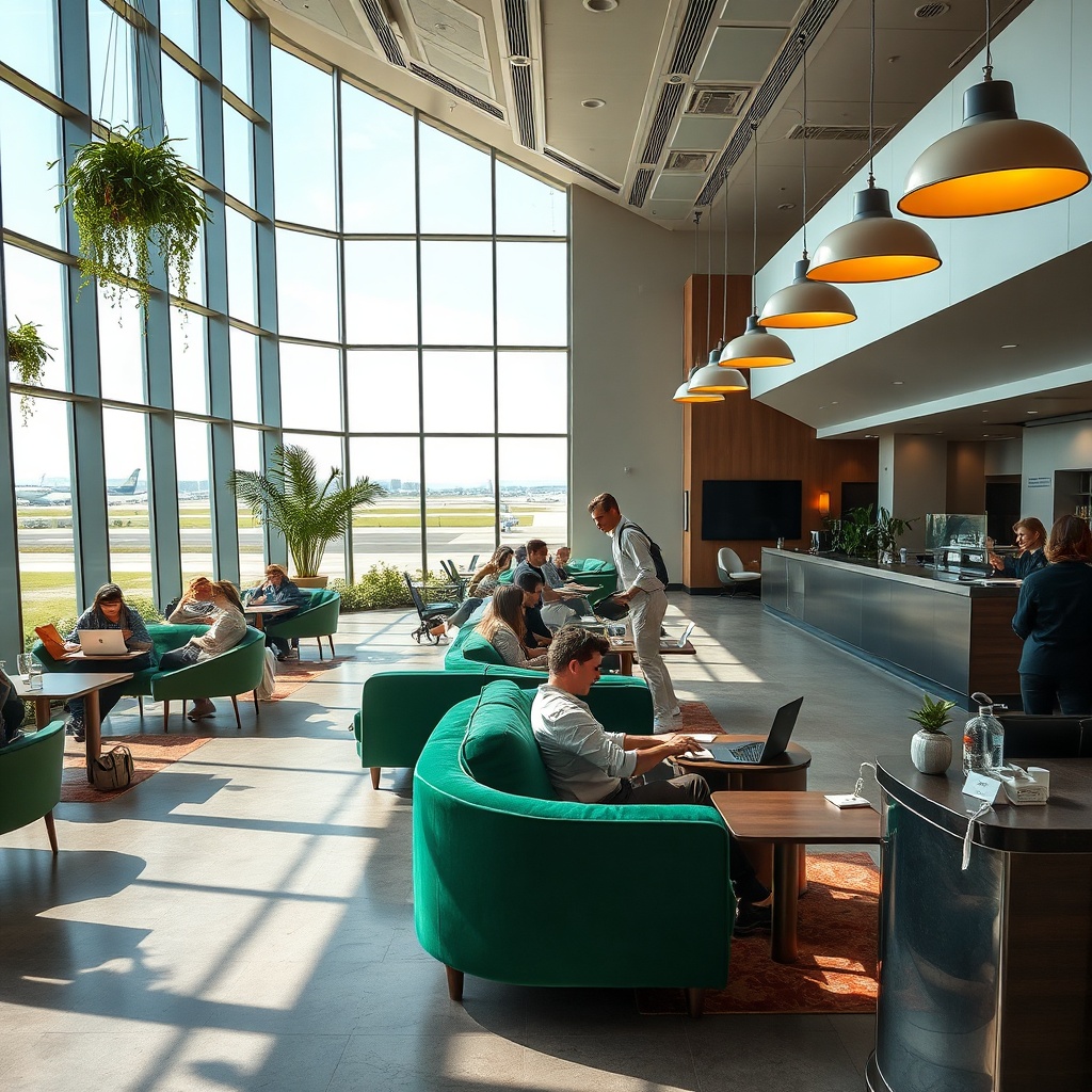 Luxurious interior of a premium airport lounge offering comfortable seating and business facilities, highlighting the core benefits of Menara Airport lounge access.