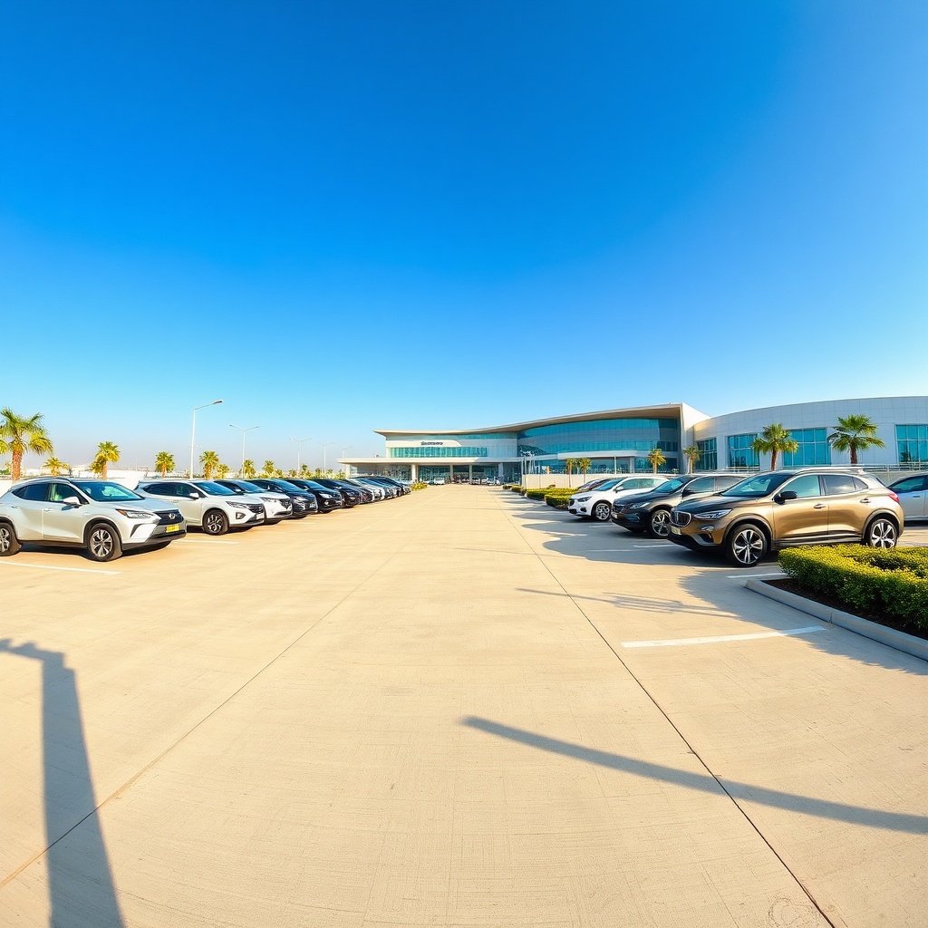 Vehicles securely parked in RAK airport short term parking, positioned within immediate walking distance of the modern terminal building for quick check-ins and arrivals.