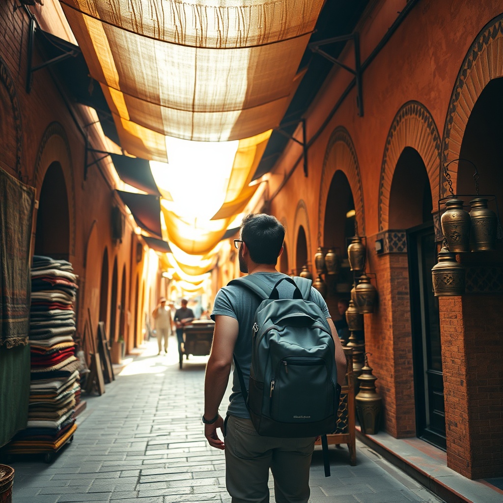 Traveler exploring vibrant souks and terracotta alleyways during a layover in Marrakesh, highlighting accessible cultural stops for time-conscious visitors.