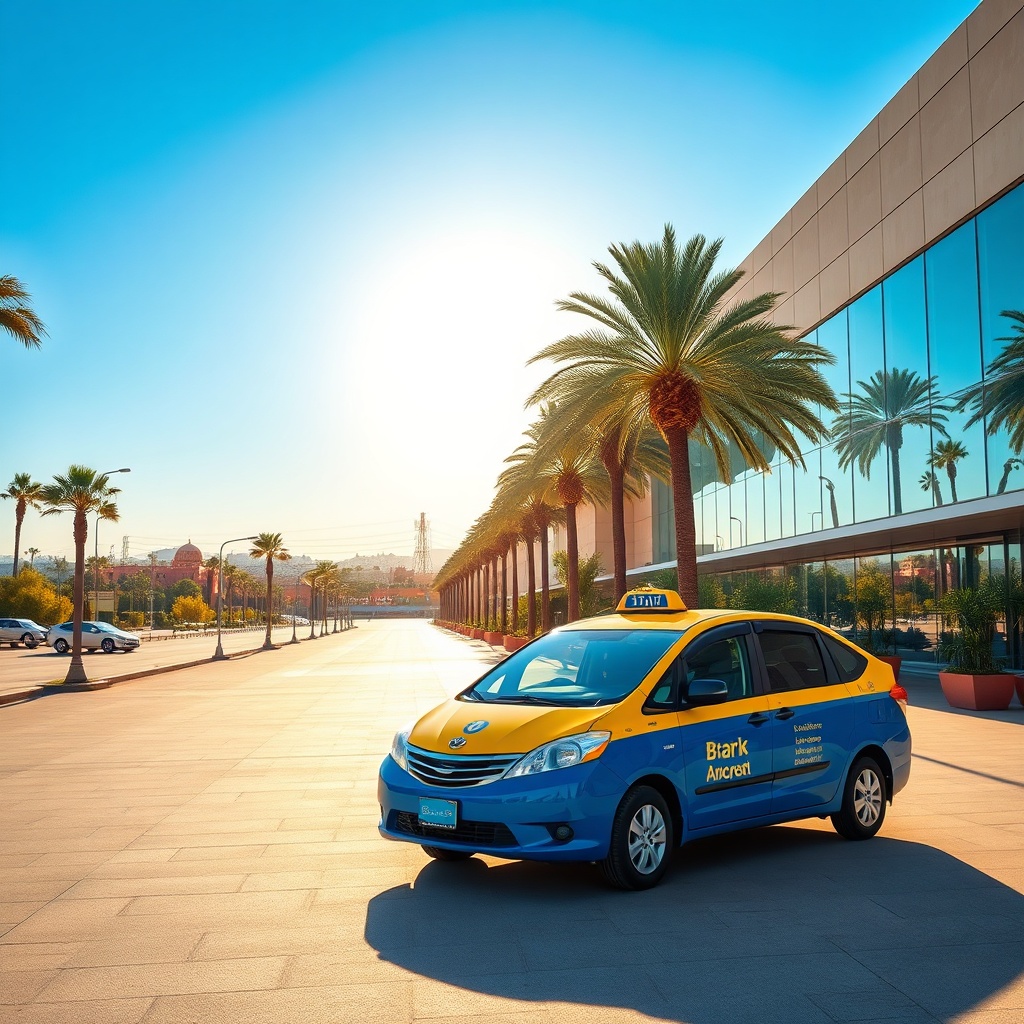 Official taxi outside Marrakech Menara Airport, illustrating the fast and convenient RAK airport to Marrakech route transfer to the city center.