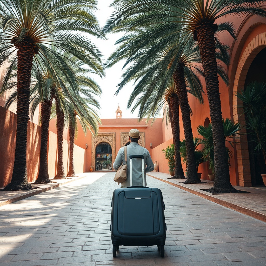 Traveler strolling toward ancient city walls after navigating the RAK airport to Marrakech route, showcasing the short journey into the historic Medina.