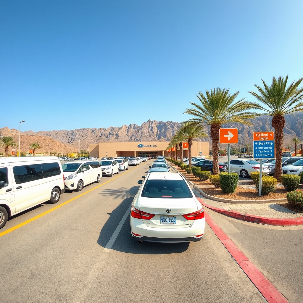 Organized ground transportation area showcasing multiple RAK airport transfer options including private vans and taxis for smooth arrivals