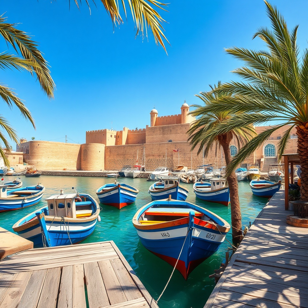 Historic stone ramparts and colorful fishing boats at the port during a Marrakesh to Essaouira day trip, highlighting the UNESCO-listed coastal charm of Morocco’s Atlantic shore.