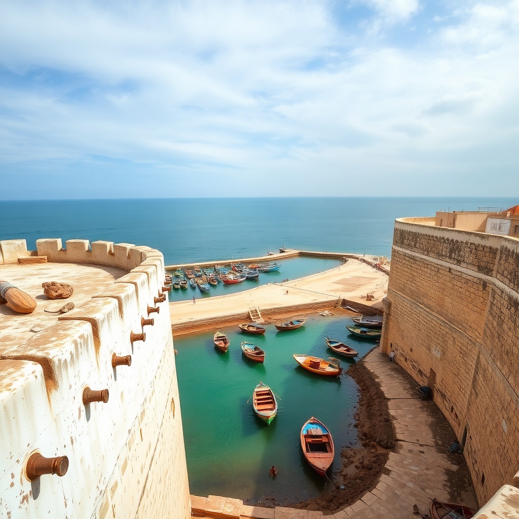 Weathered whitewashed ramparts and colorful fishing boats along Essaouira's Atlantic harbor, showcasing the serene coastal heritage and laid-back maritime vibe experienced during a marrakesh to essaouira day trip.