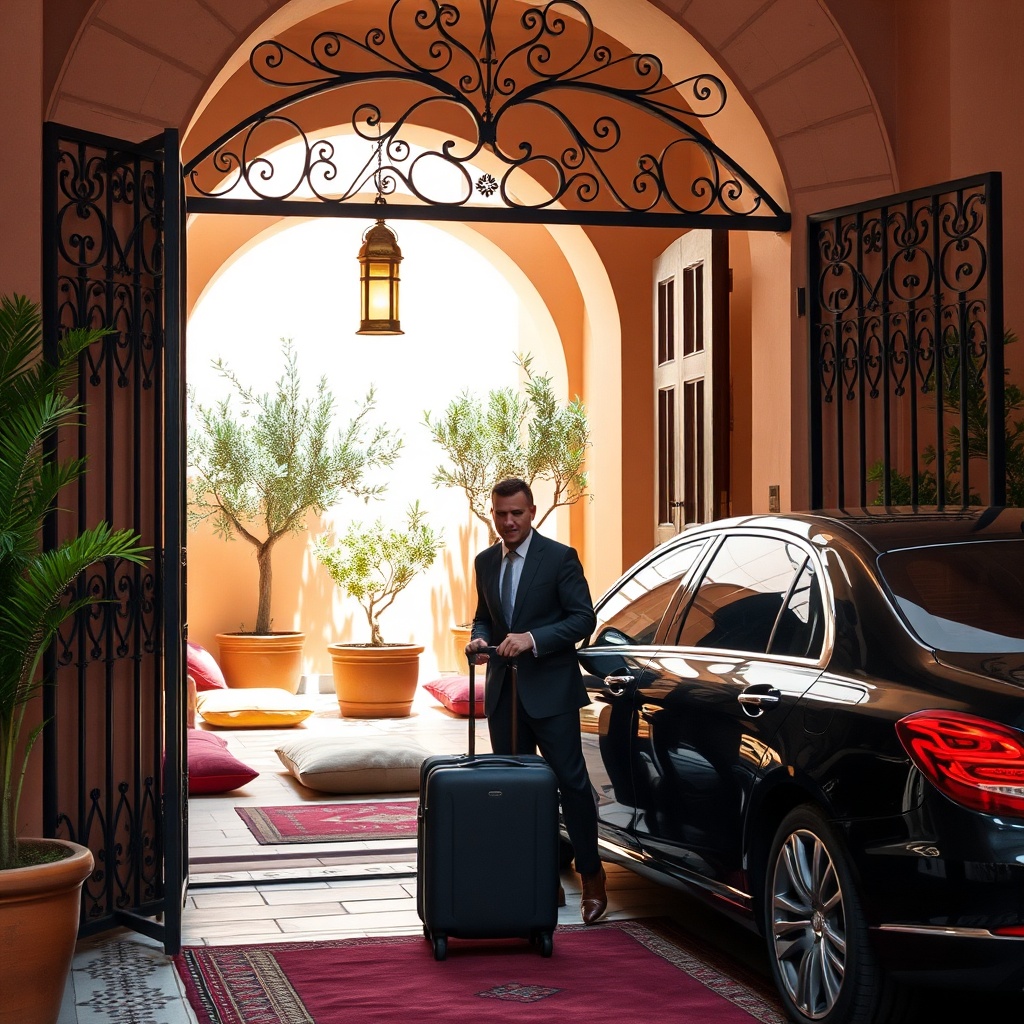 concierge assisting travelers with luggage beside a transfer vehicle at a traditional riad gate, demonstrating why the best riads near marrakech airport offer reliable pickup services for stress-free arrivals