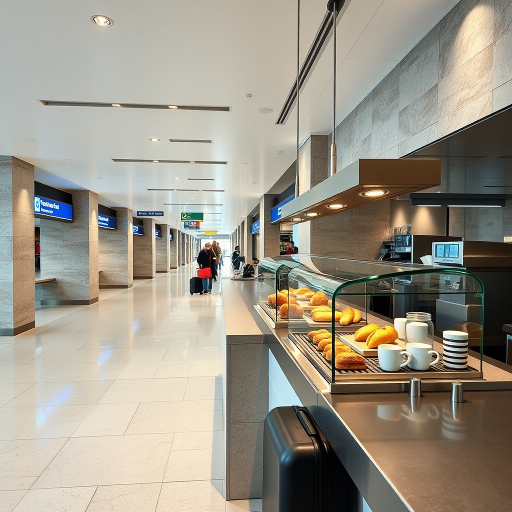 This bright service counter at the restaurant aeroport marrakech displays fresh pastries, hot beverages, and light snacks against a backdrop of efficient terminal walkways for quick transit dining.