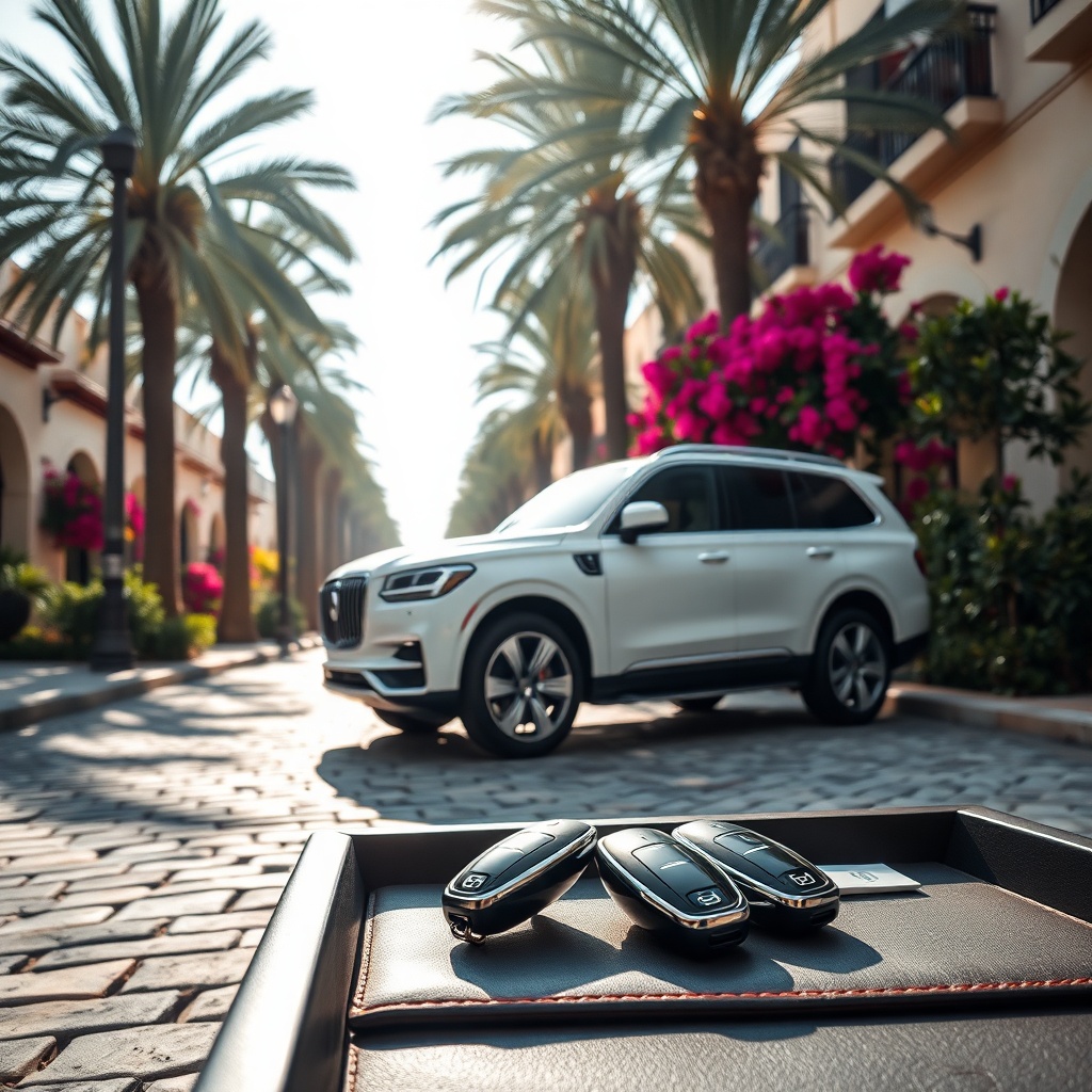 An immaculate white SUV ready for departure among lush palm groves, demonstrating why discerning travelers choose car rental marrakech luxury for seamless airport pickups and Atlas mountain excursions.