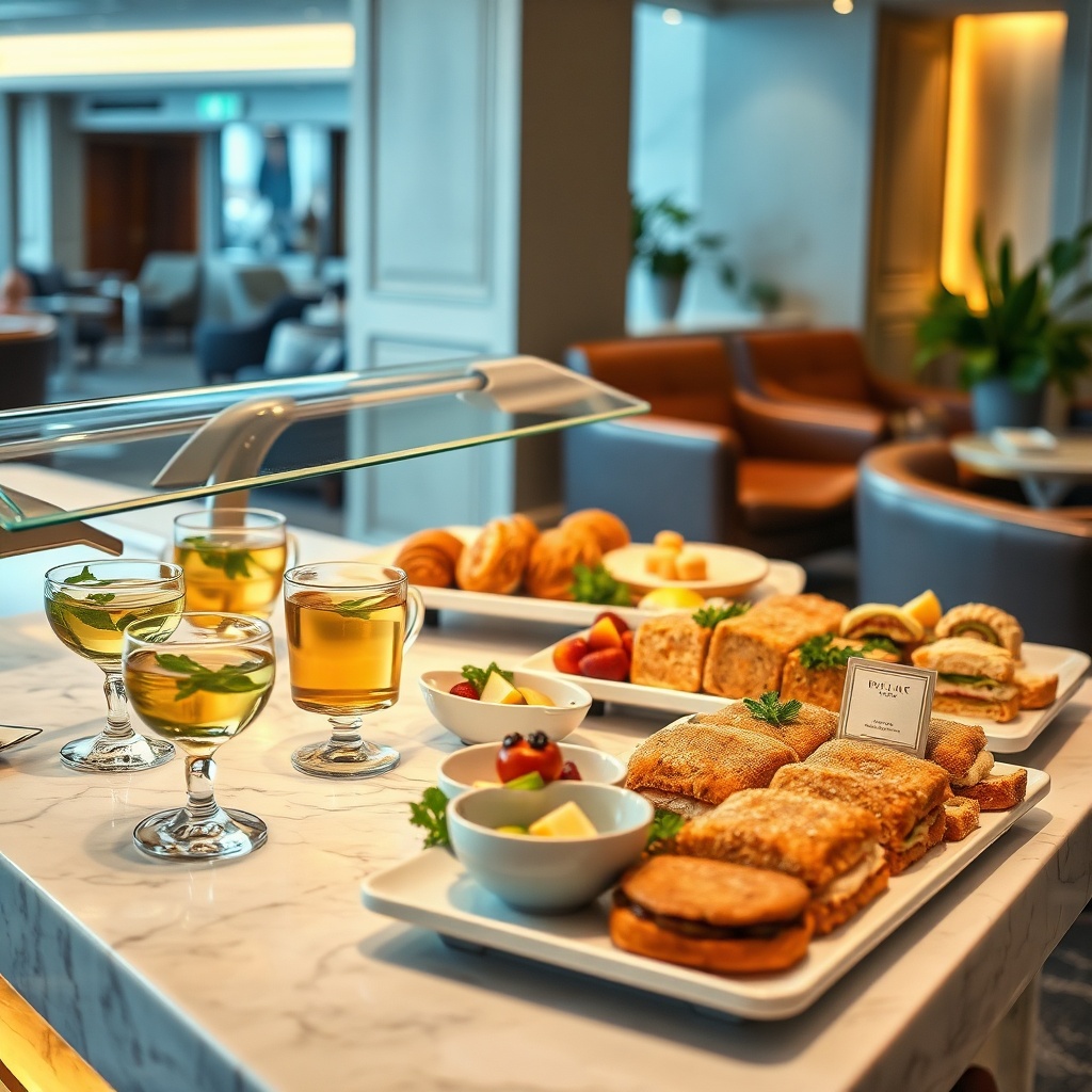 Complimentary food and beverage station at the marrakech airport vip lounge showcasing premium refreshments for arriving passengers.